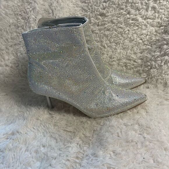 Moda Tope synthetic Silver Rhinestones Ankle Boots pointed toe side zipper SZ9.5 - Picture 3 of 16